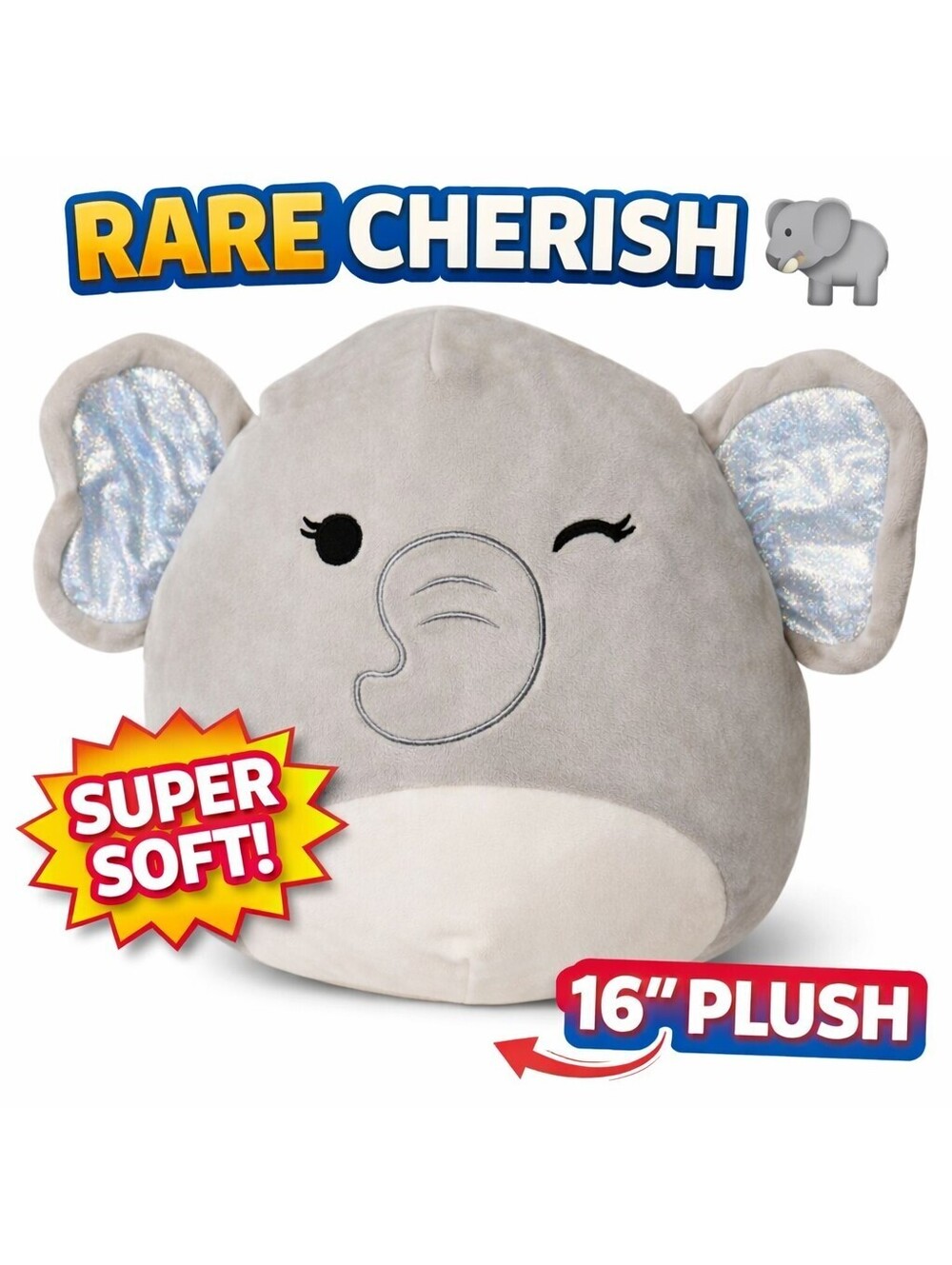 Squishmallow Cherish Elephant 16” Plush Gray Wink Shimmer Ears NWOT Soft Cute